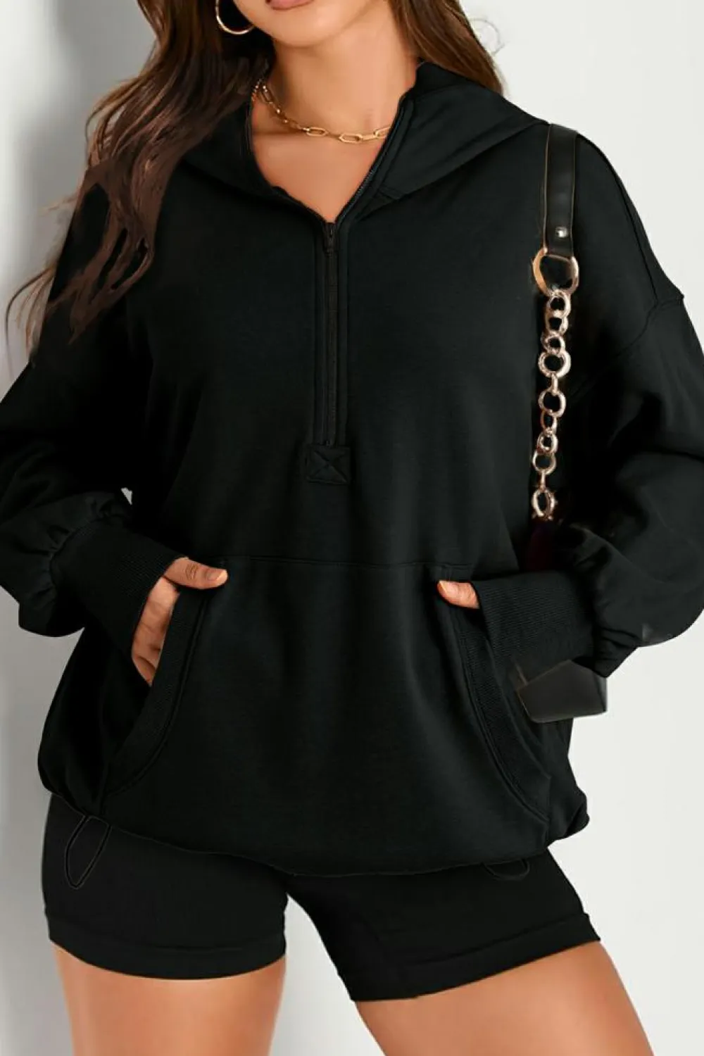Discount Dear-Lover Solid Kangaroo Pocket Half Zipper Oversized Hoodie Black