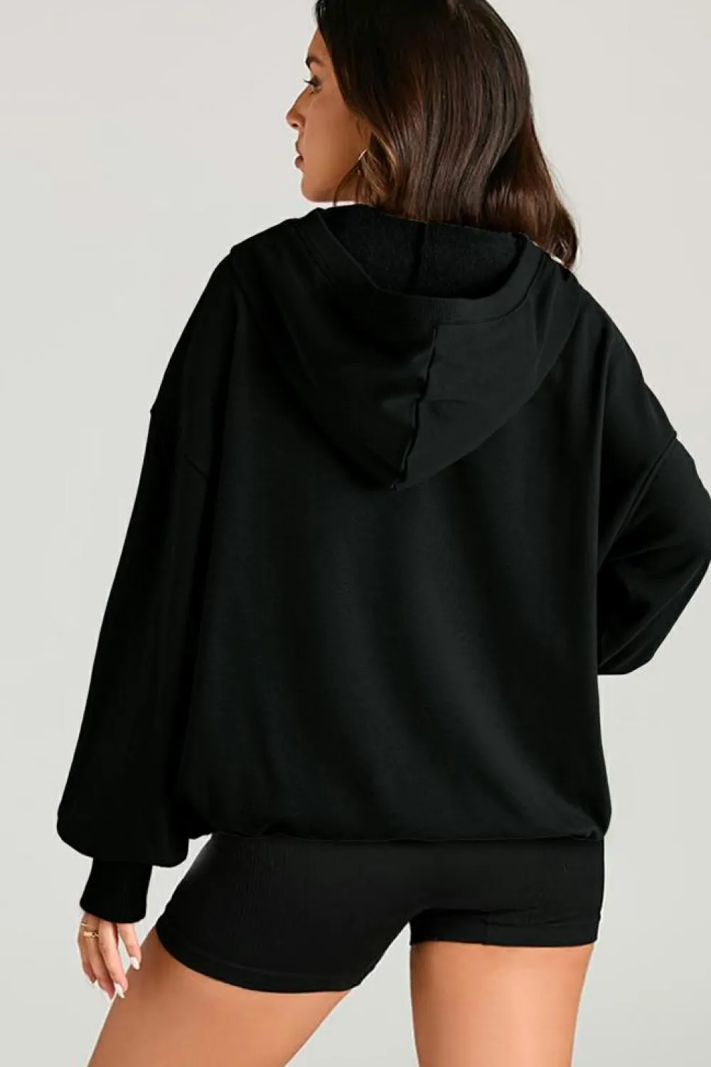 Discount Dear-Lover Solid Kangaroo Pocket Half Zipper Oversized Hoodie Black