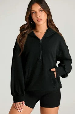 Discount Dear-Lover Solid Kangaroo Pocket Half Zipper Oversized Hoodie Black
