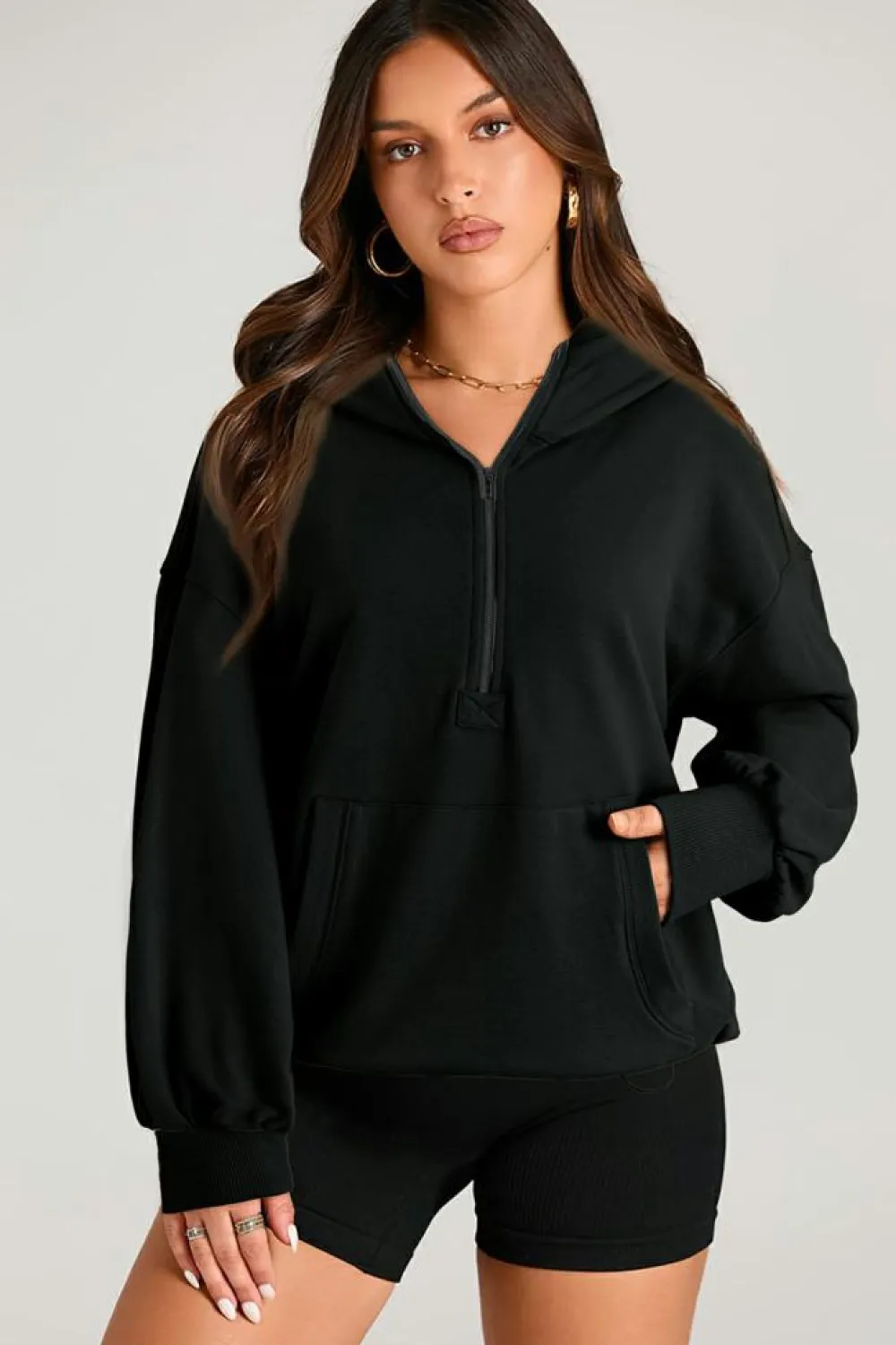 Discount Dear-Lover Solid Kangaroo Pocket Half Zipper Oversized Hoodie Black