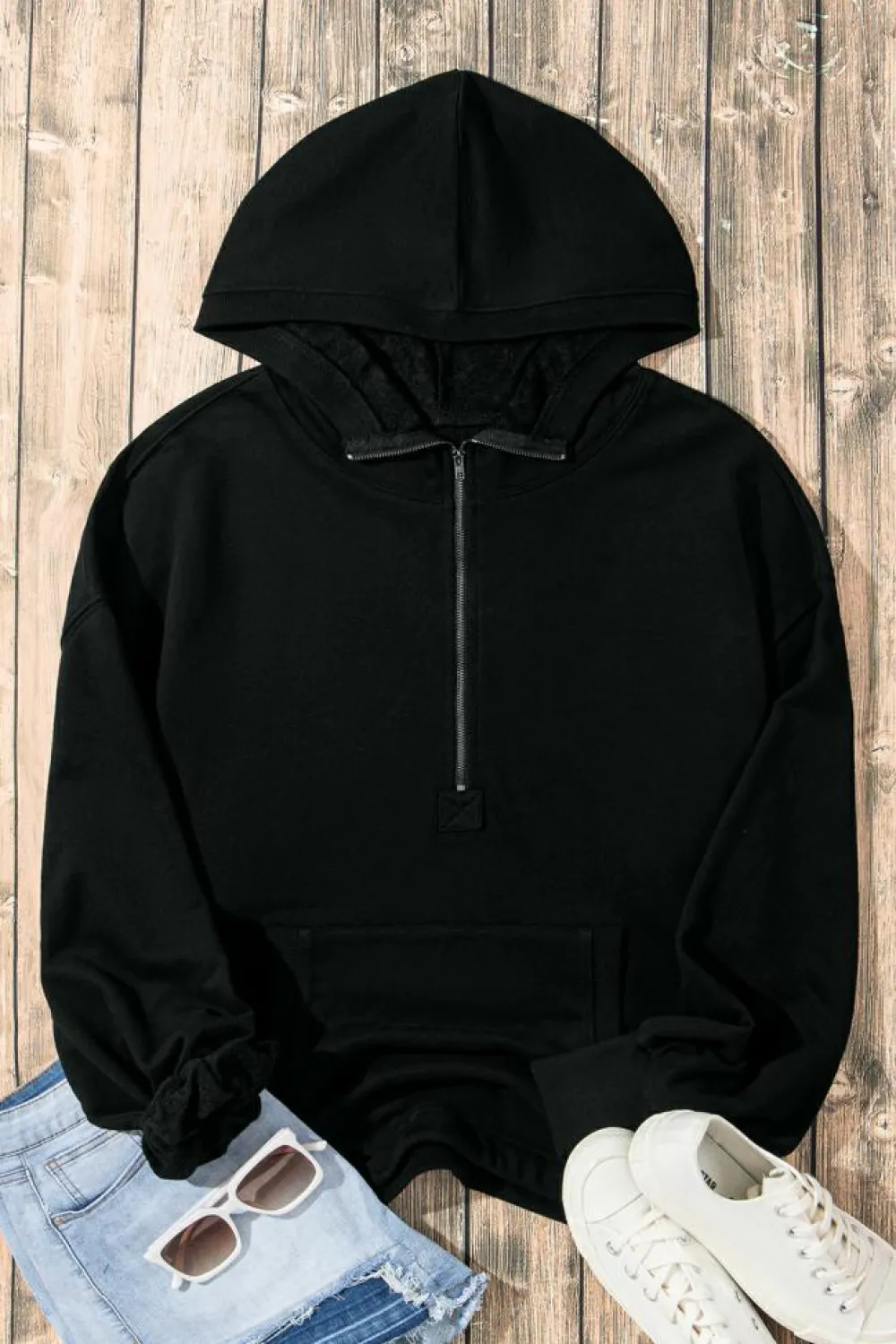 Discount Dear-Lover Solid Kangaroo Pocket Half Zipper Oversized Hoodie Black