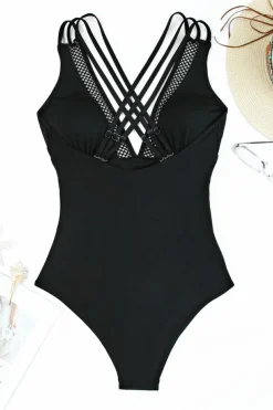 Hot Dear-Lover Solid Mesh One Piece Swimsuit Black