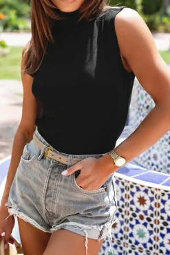 Online Dear-Lover Solid Mock Neck Tank Top Black