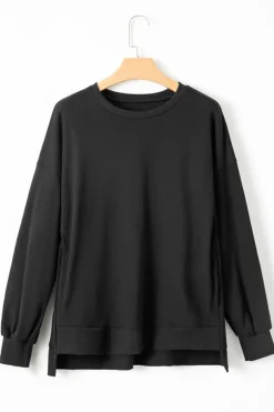 Best Dear-Lover Solid O Neck High Low Hem Pullover Sweatshirt Black