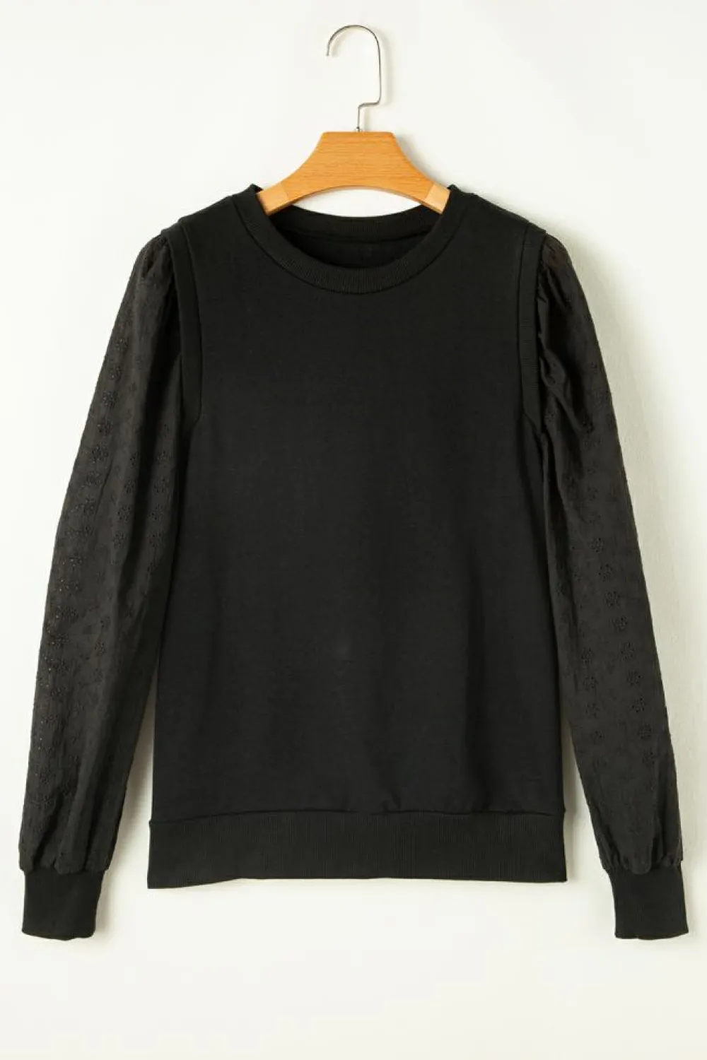 New Dear-Lover Solid Patchwork Sleeve Round Neck Sweatshirt Black