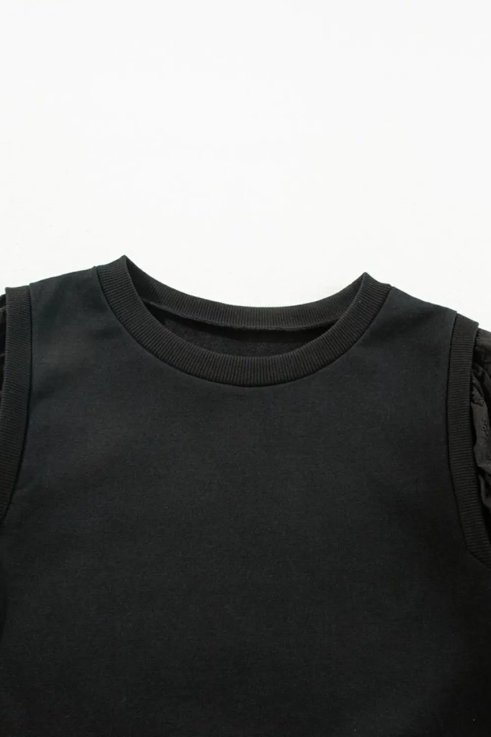 New Dear-Lover Solid Patchwork Sleeve Round Neck Sweatshirt Black