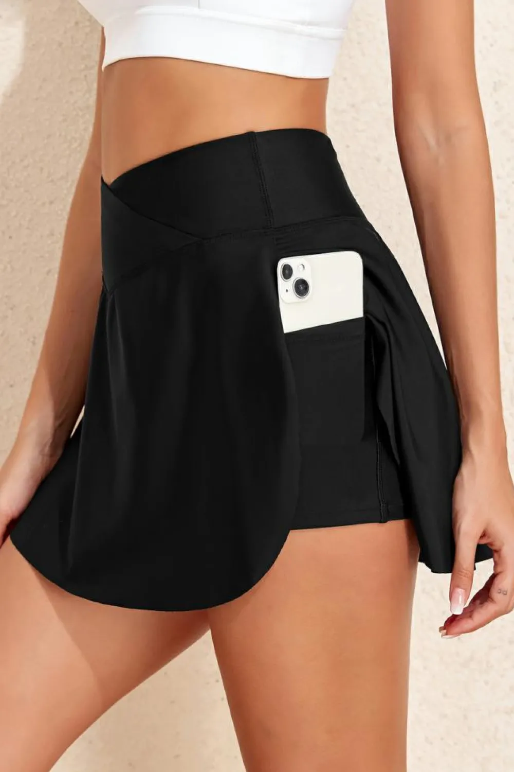 Hot Dear-Lover Solid Pocketed Crossover High Waist Swim Skort Black