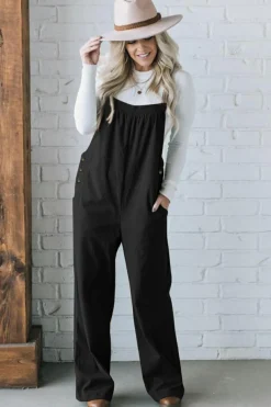Clearance Dear-Lover Solid Pocketed Loose Fit Corduroy Overall Black