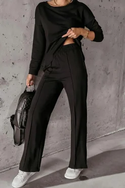 Discount Dear-Lover Solid Pullover and Seamed Casual Pants Set Black