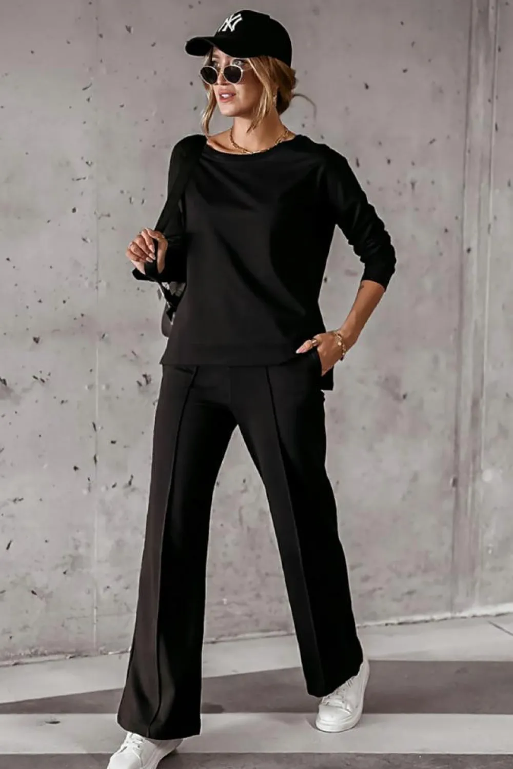 Discount Dear-Lover Solid Pullover and Seamed Casual Pants Set Black