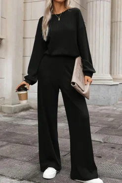 Discount Dear-Lover Solid Ribbed Knit Keyhole Back High Waist Jumpsuit Black