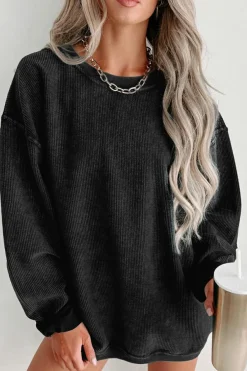 Clearance Dear-Lover Solid Ribbed Knit Round Neck Pullover Sweatshirt Black