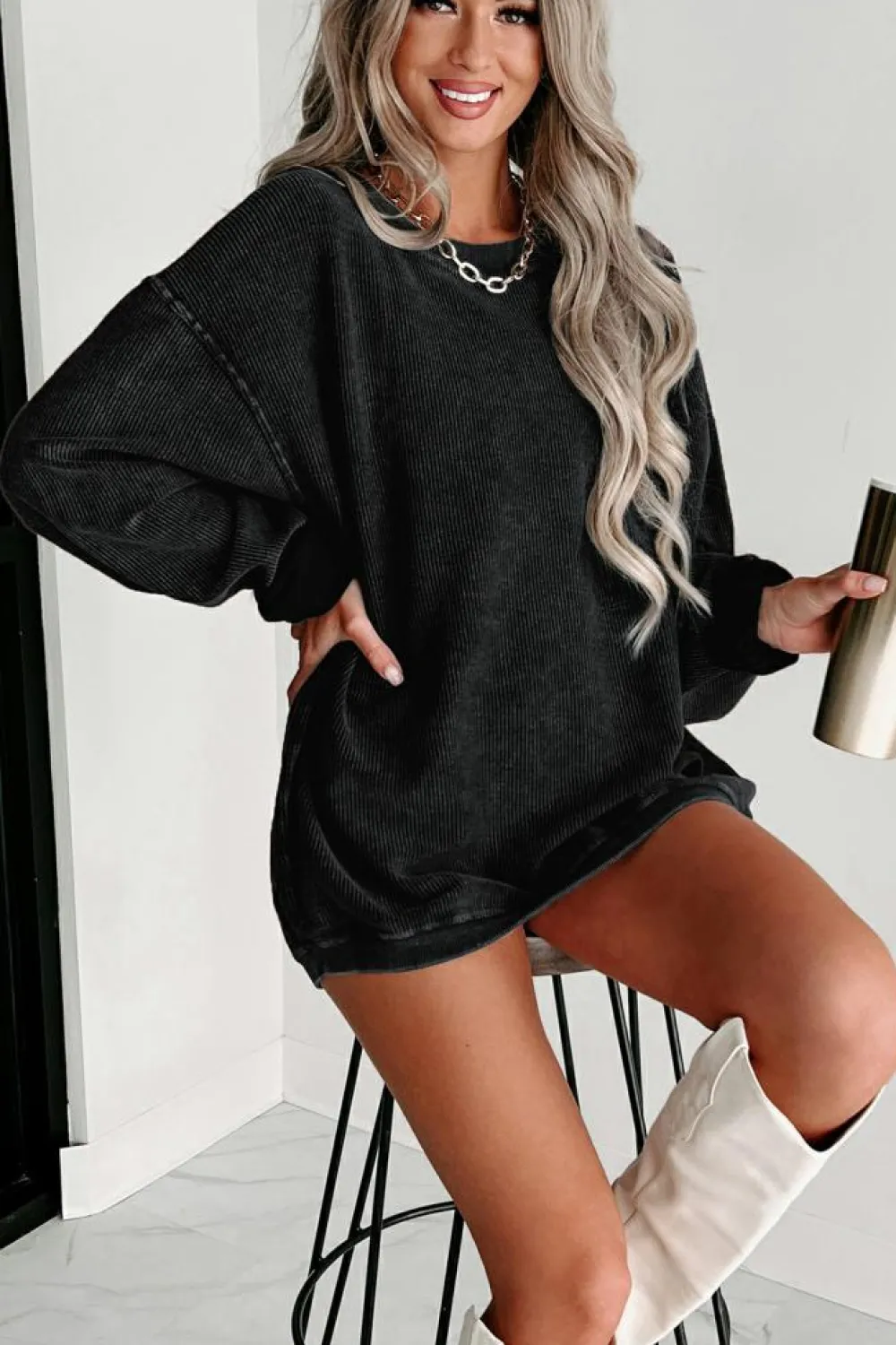 Clearance Dear-Lover Solid Ribbed Knit Round Neck Pullover Sweatshirt Black