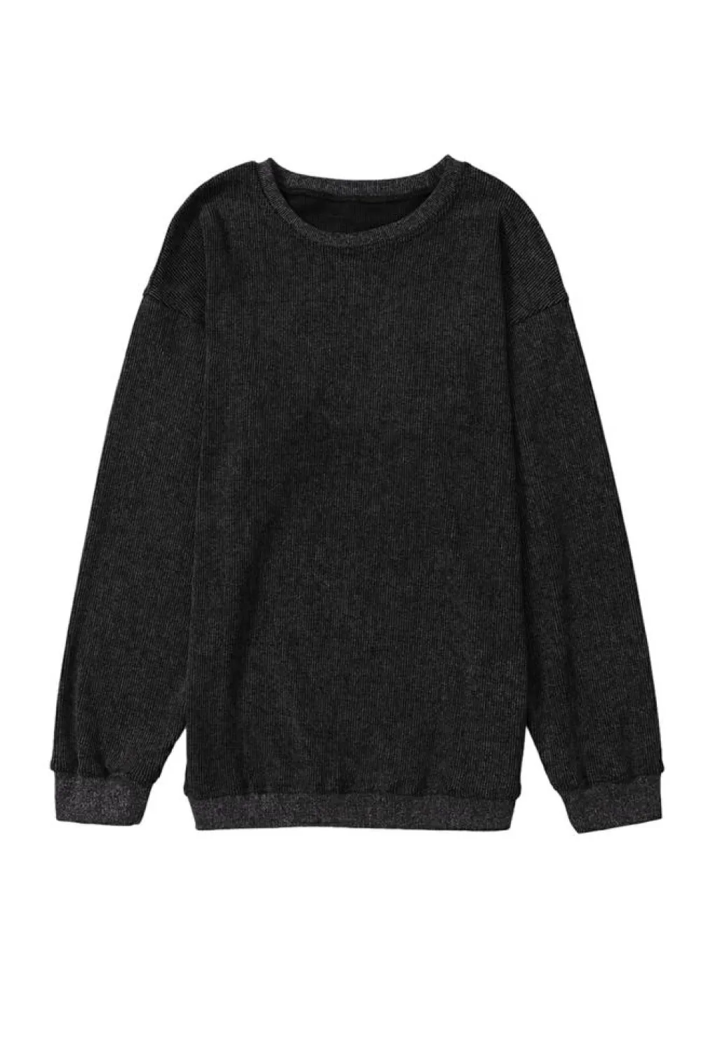 Clearance Dear-Lover Solid Ribbed Knit Round Neck Pullover Sweatshirt Black