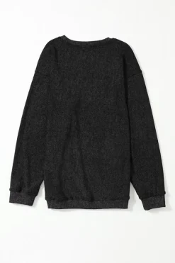 Clearance Dear-Lover Solid Ribbed Knit Round Neck Pullover Sweatshirt Black