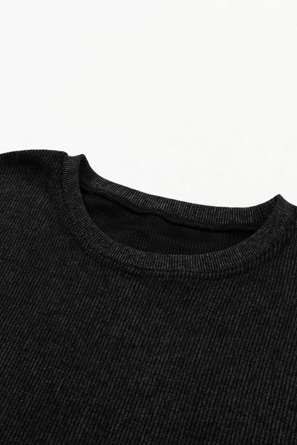 Clearance Dear-Lover Solid Ribbed Knit Round Neck Pullover Sweatshirt Black