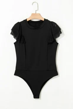 Fashion Dear-Lover Solid Ruffled Mesh Patchwork Sleeve Bodysuit Black