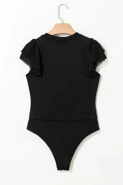 Fashion Dear-Lover Solid Ruffled Mesh Patchwork Sleeve Bodysuit Black