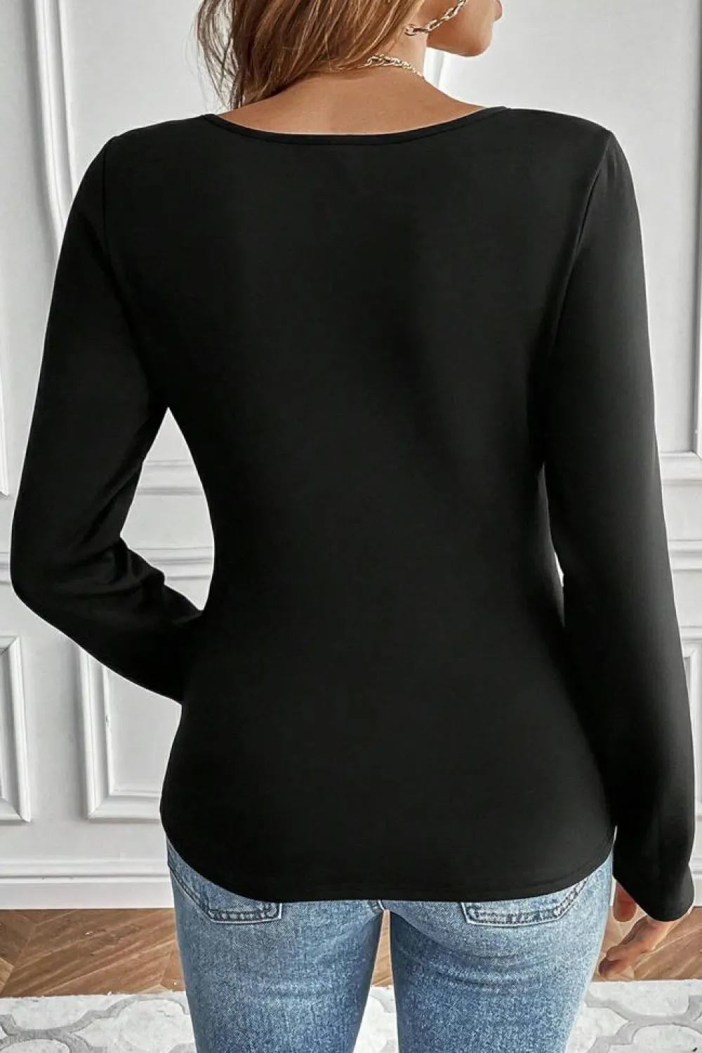 Fashion Dear-Lover Solid Scoop Neck Slim Fit Thermal Top Black