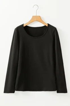 Fashion Dear-Lover Solid Scoop Neck Slim Fit Thermal Top Black