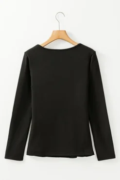 Fashion Dear-Lover Solid Scoop Neck Slim Fit Thermal Top Black