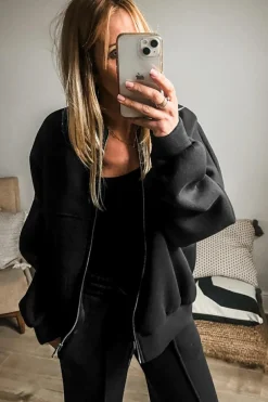 Outlet Dear-Lover Solid Seamed Zipper Jacket and Drawstring Waist Pants Set Black