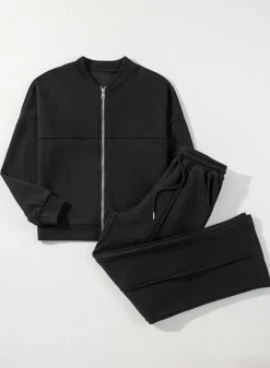 Outlet Dear-Lover Solid Seamed Zipper Jacket and Drawstring Waist Pants Set Black