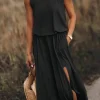 Outlet Dear-Lover Solid Sleeveless Tunic Maxi Dress with Split Black