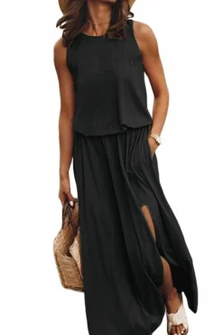 Outlet Dear-Lover Solid Sleeveless Tunic Maxi Dress with Split Black