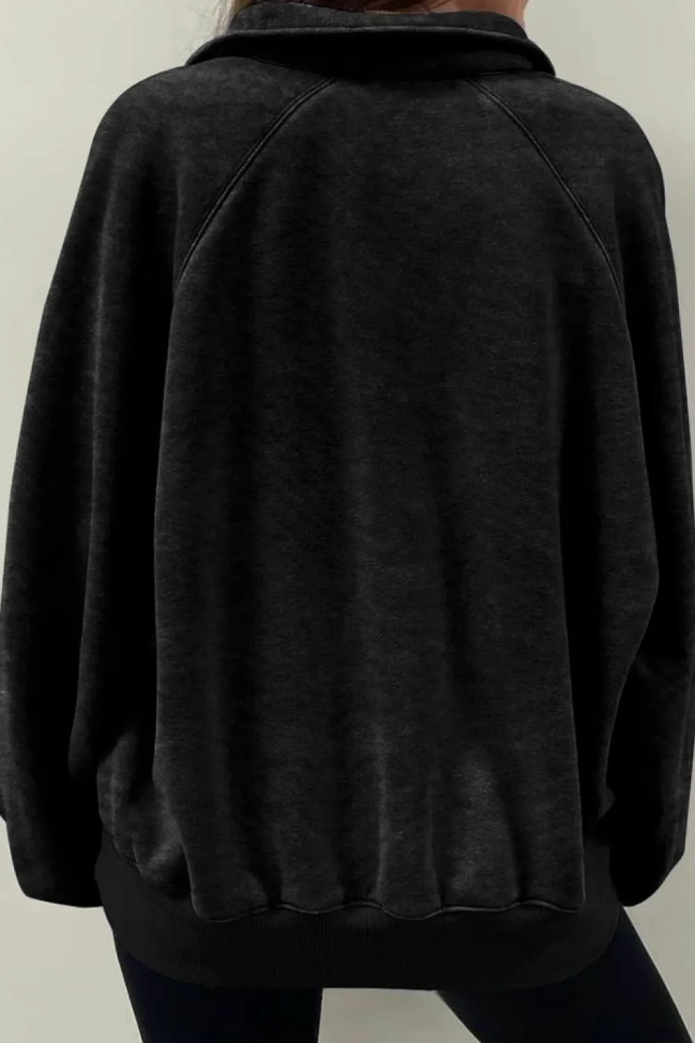 New Dear-Lover Solid Snap Buttons Collared Balloon Sleeve Oversized Sweatshirt Black