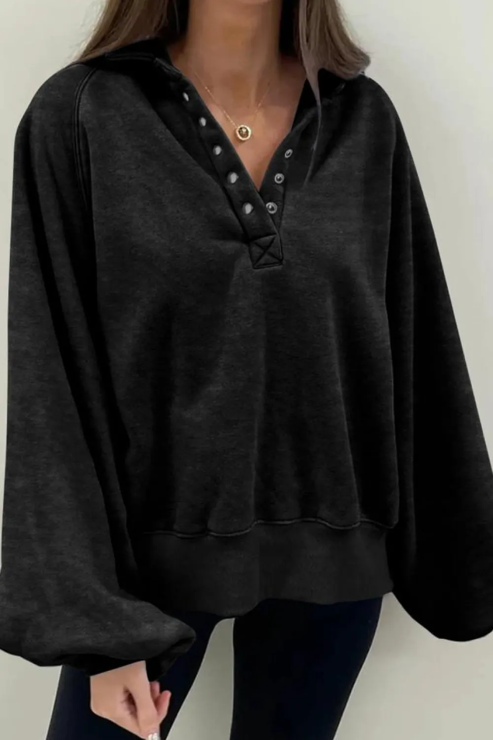 New Dear-Lover Solid Snap Buttons Collared Balloon Sleeve Oversized Sweatshirt Black