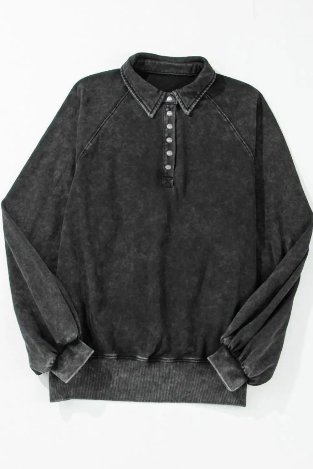 New Dear-Lover Solid Snap Buttons Collared Balloon Sleeve Oversized Sweatshirt Black