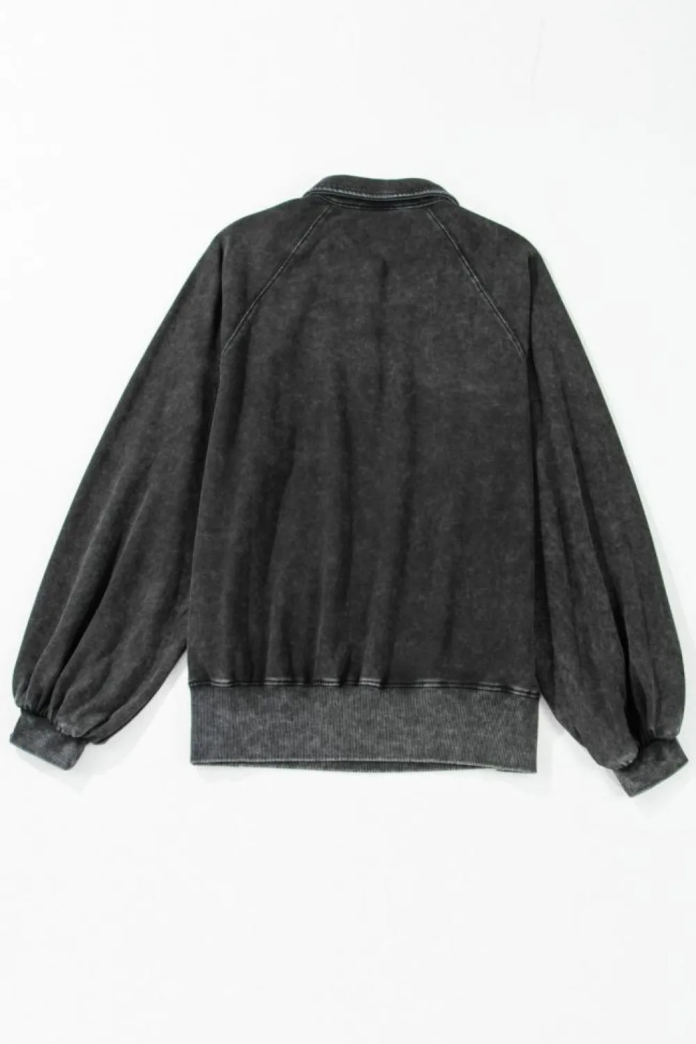 New Dear-Lover Solid Snap Buttons Collared Balloon Sleeve Oversized Sweatshirt Black