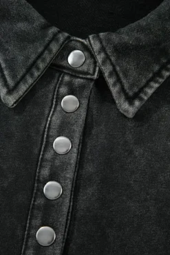 New Dear-Lover Solid Snap Buttons Collared Balloon Sleeve Oversized Sweatshirt Black