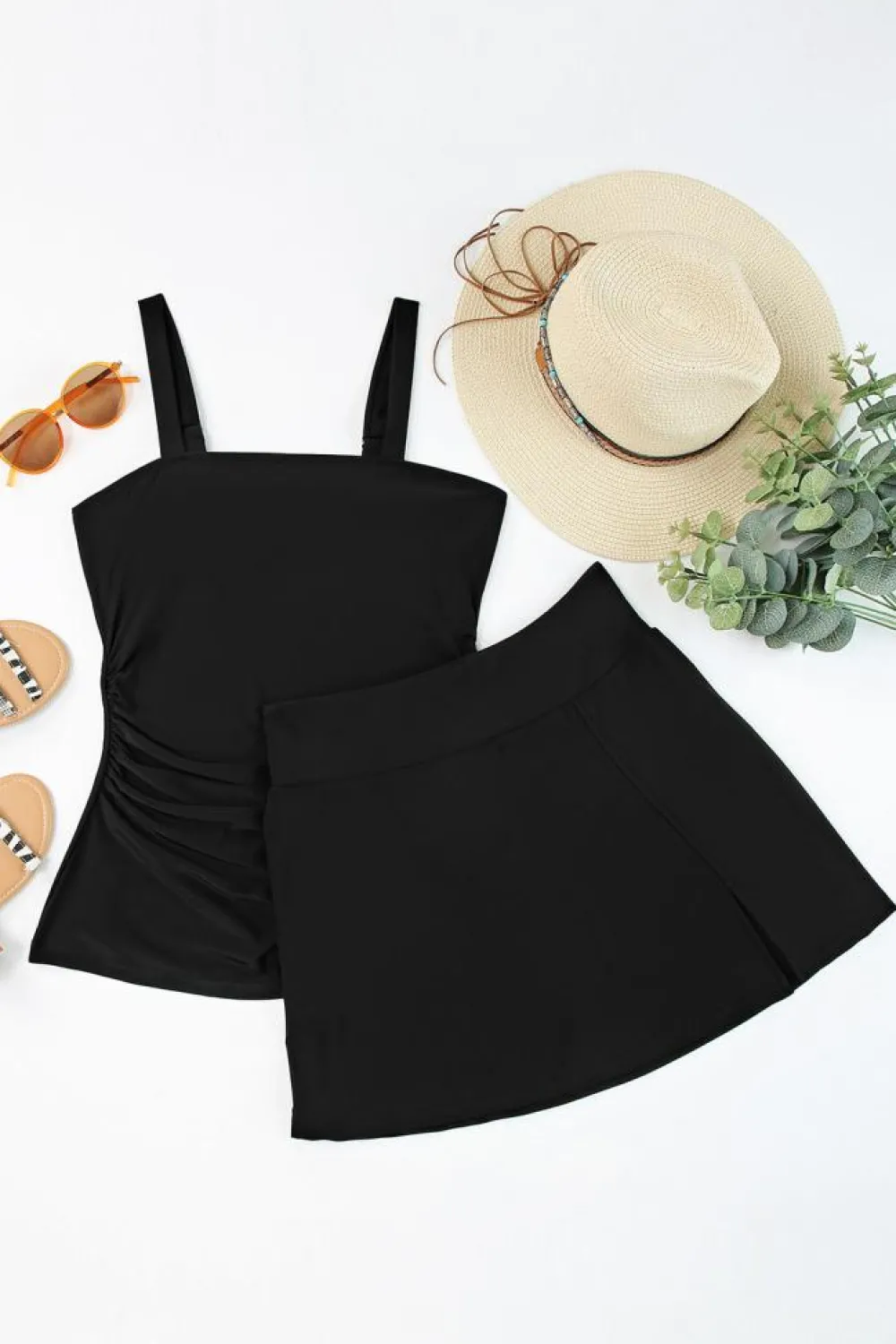 Hot Dear-Lover Solid Square Neck Sleeveless Tankini Swimsuit Black