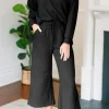 Hot Dear-Lover Solid Textured Collared V Neck Top and Wide Leg Pants Set Black