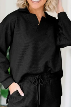 Hot Dear-Lover Solid Textured Collared V Neck Top and Wide Leg Pants Set Black