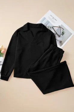 Hot Dear-Lover Solid Textured Collared V Neck Top and Wide Leg Pants Set Black