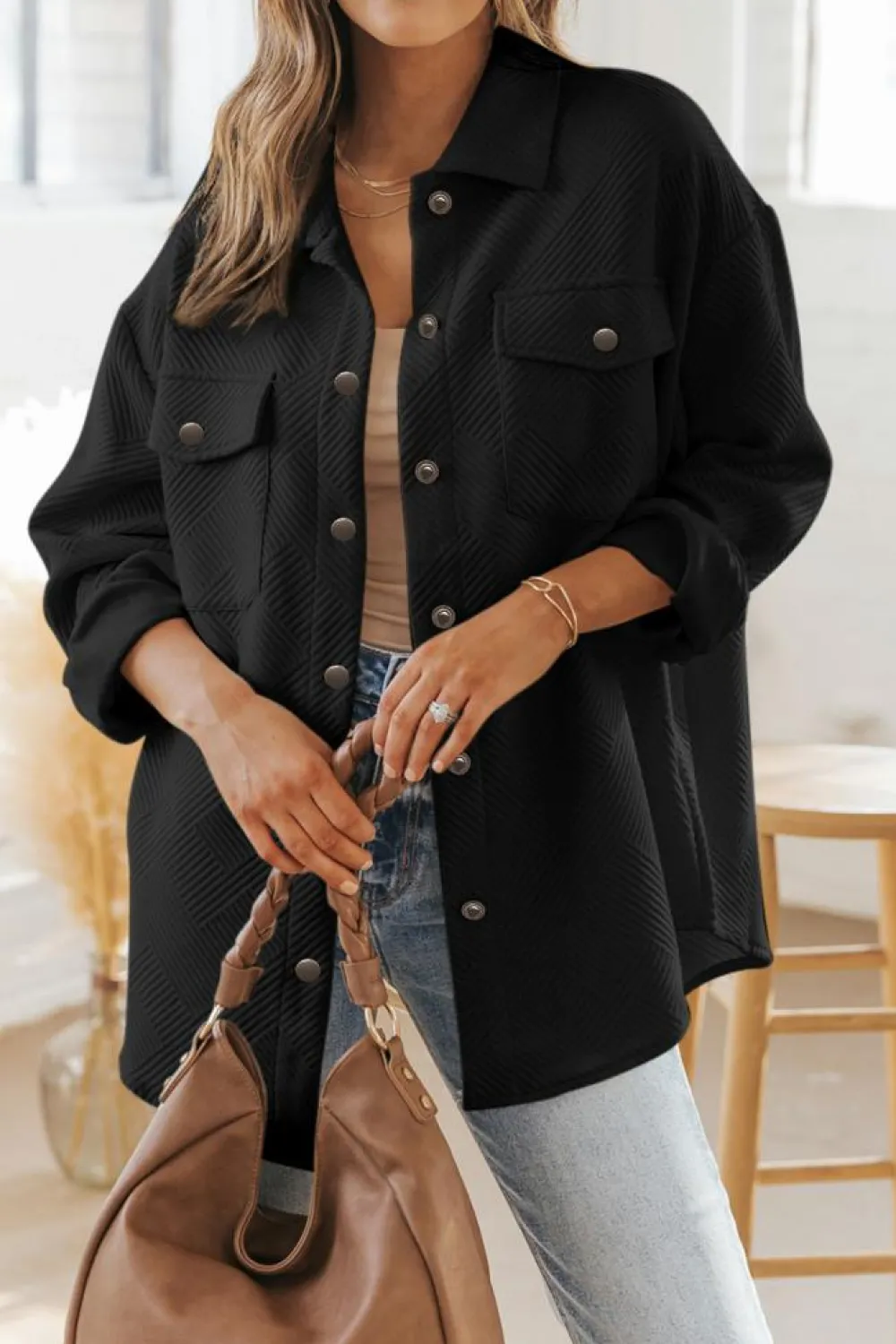 Outlet Dear-Lover Solid Textured Flap Pocket Buttoned Shacket Black