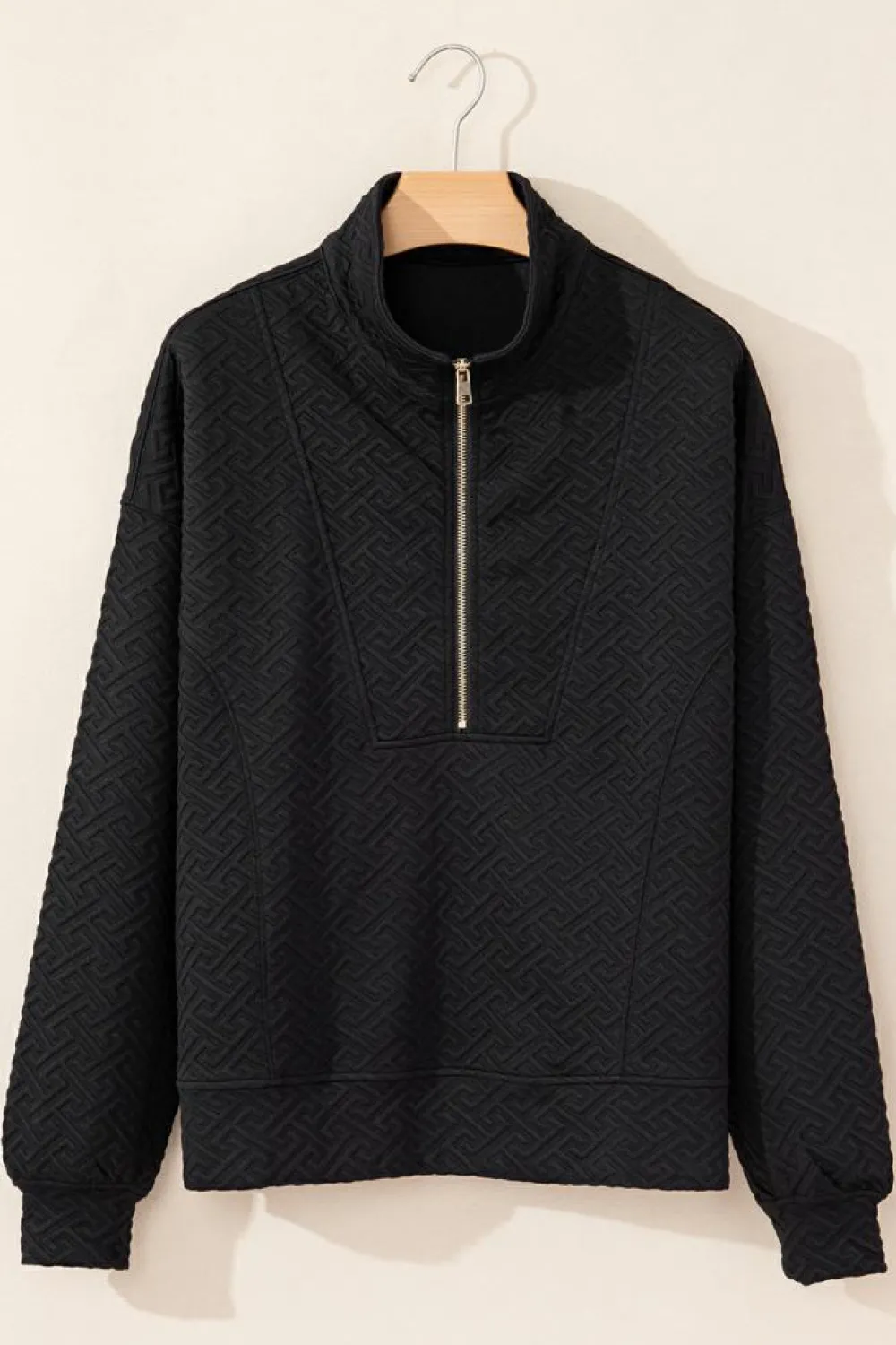 New Dear-Lover Solid Textured Half Zipper Collared Sweatshirt Black