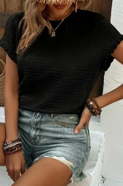 Fashion Dear-Lover Solid Textured Ruffled Short Sleeve Blouse Black