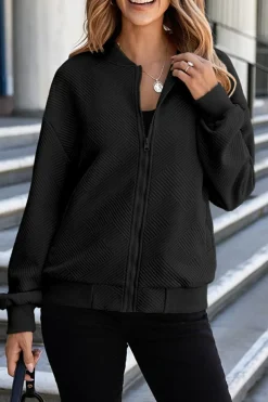 Discount Dear-Lover Solid Textured Stand Neck Zipper Bomber Jacket Black