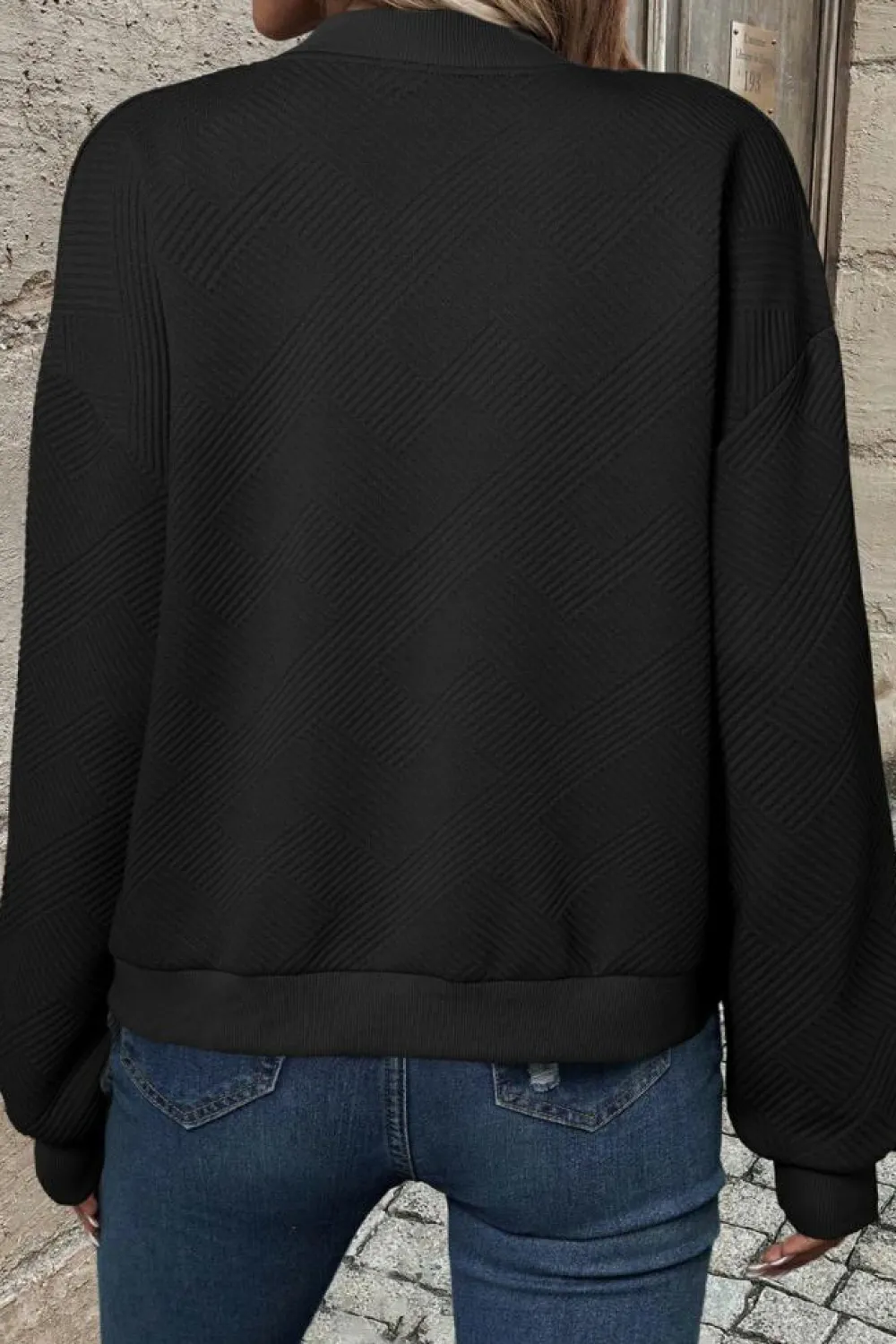 Discount Dear-Lover Solid Textured Stand Neck Zipper Bomber Jacket Black