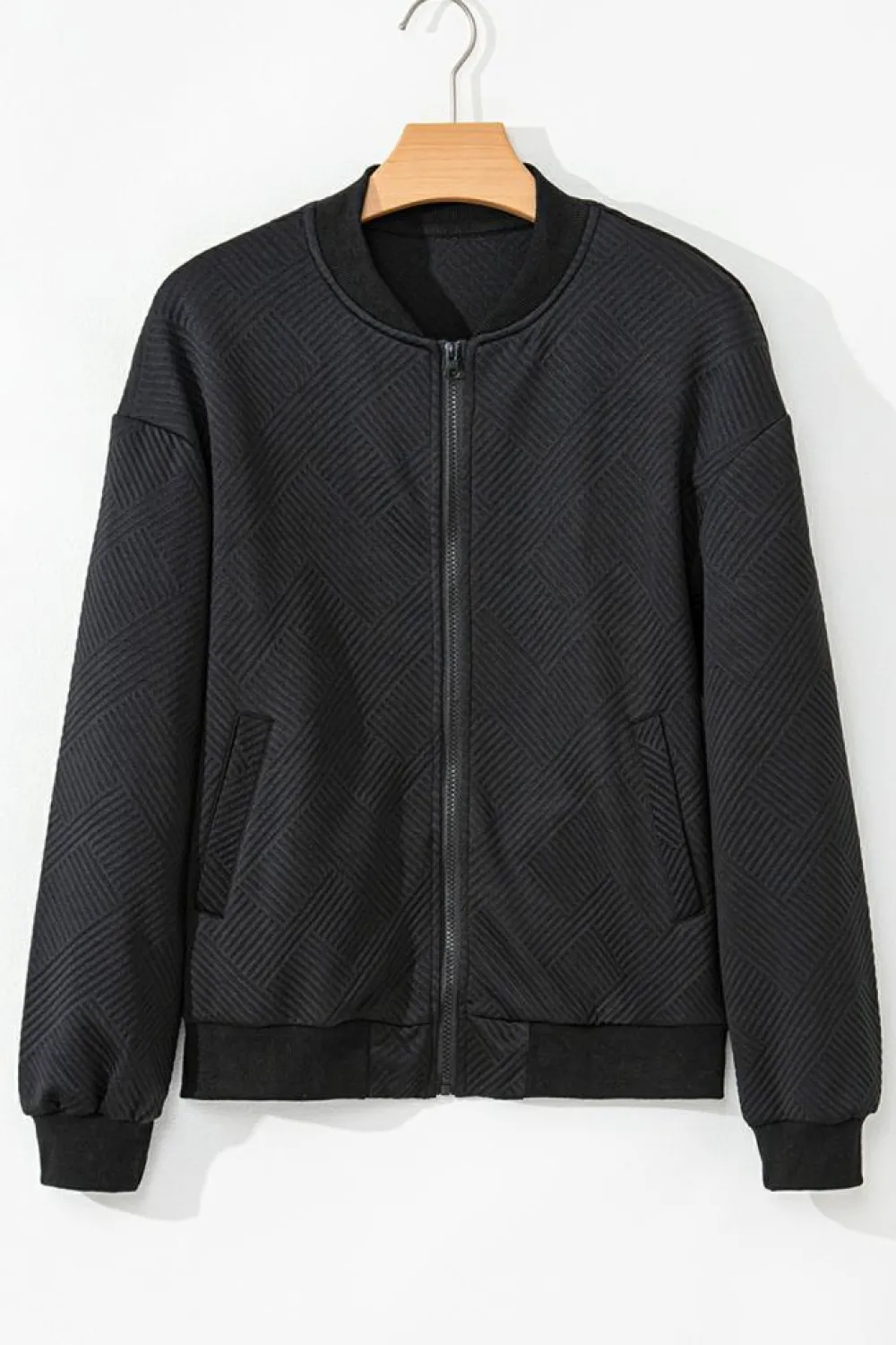 Discount Dear-Lover Solid Textured Stand Neck Zipper Bomber Jacket Black