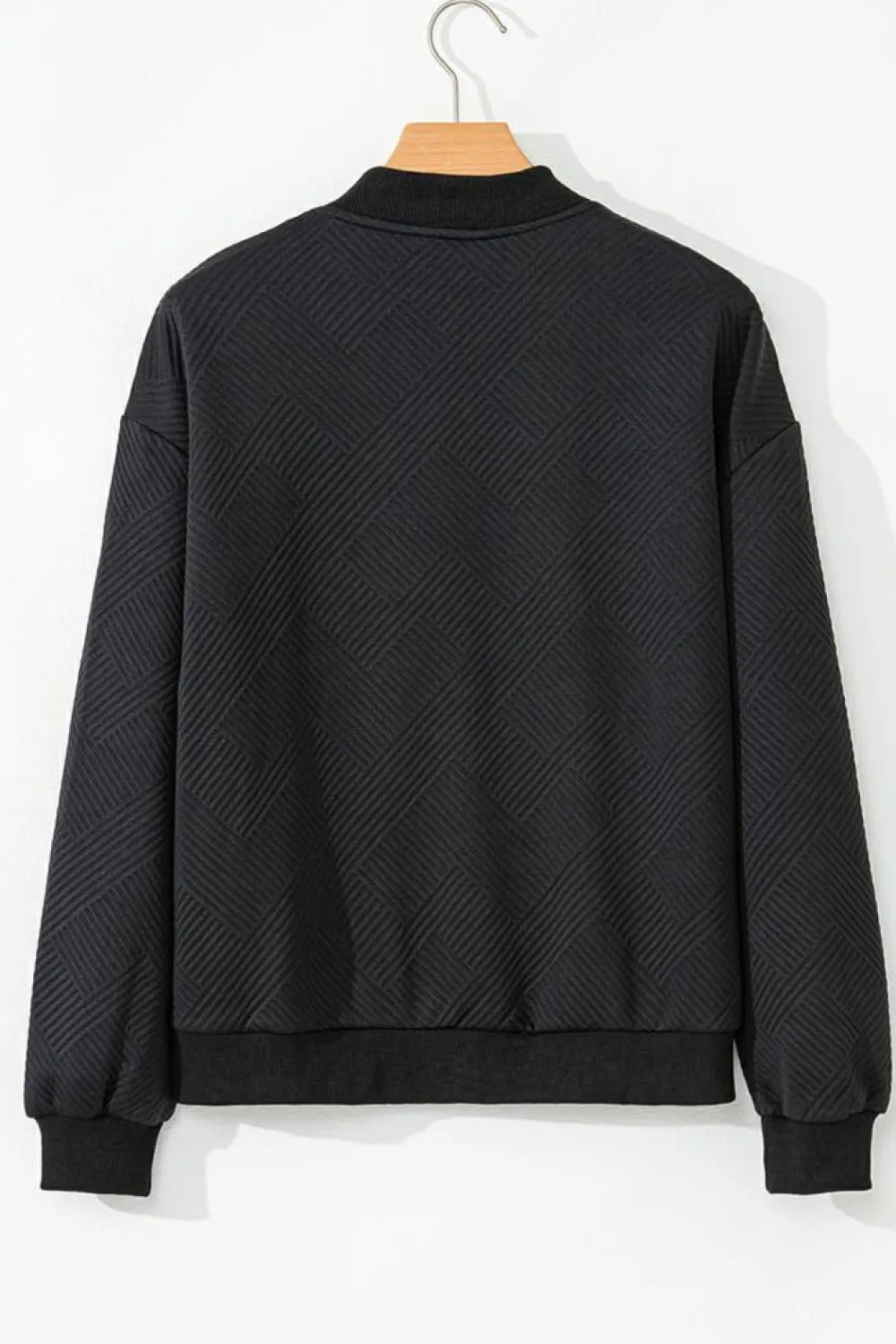 Discount Dear-Lover Solid Textured Stand Neck Zipper Bomber Jacket Black