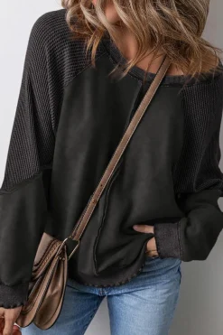 Outlet Dear-Lover Solid Waffle Knit Patchwork Raglan Sleeve Sweatshirt Black