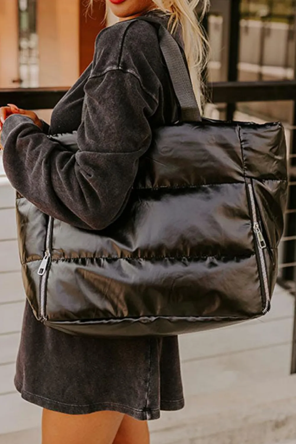 Online Dear-Lover Solid Zipper Puffer Large Tote Bag Black