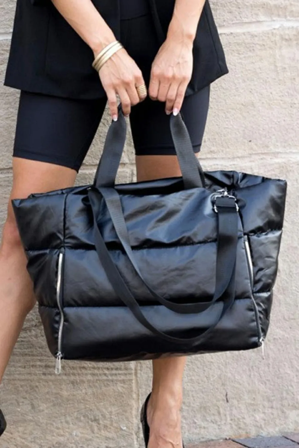 Online Dear-Lover Solid Zipper Puffer Large Tote Bag Black