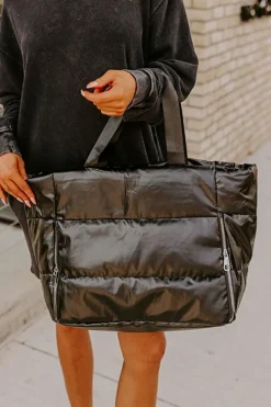 Online Dear-Lover Solid Zipper Puffer Large Tote Bag Black