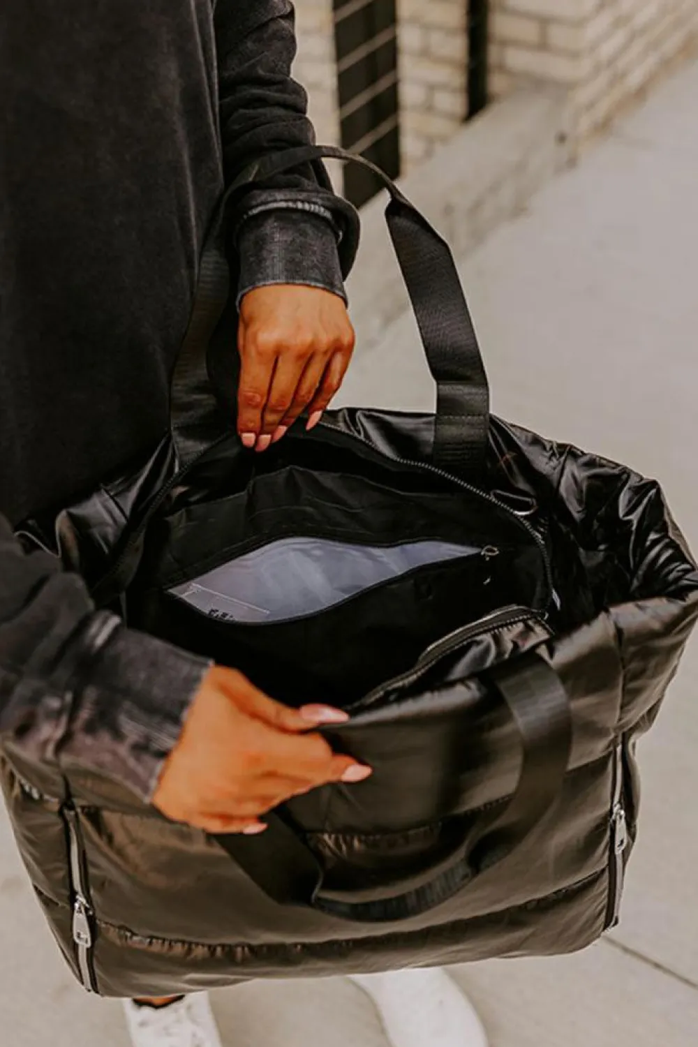 Online Dear-Lover Solid Zipper Puffer Large Tote Bag Black